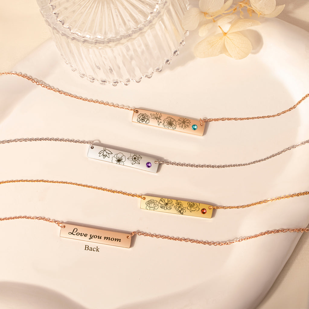 1-4 Birth Flower Birthstone Bar Necklace
