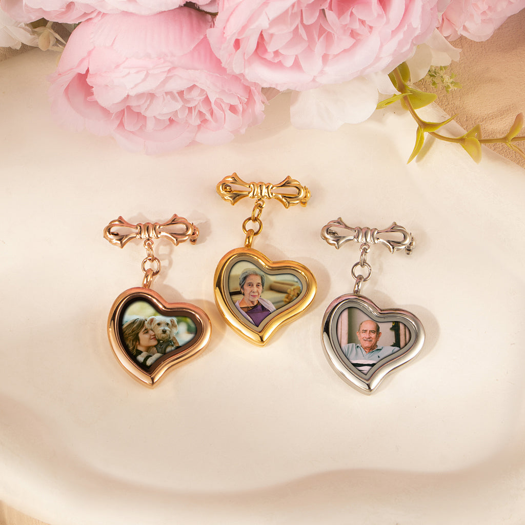 Glass Sideways Heart Wedding Photo Locket Brooch Pin