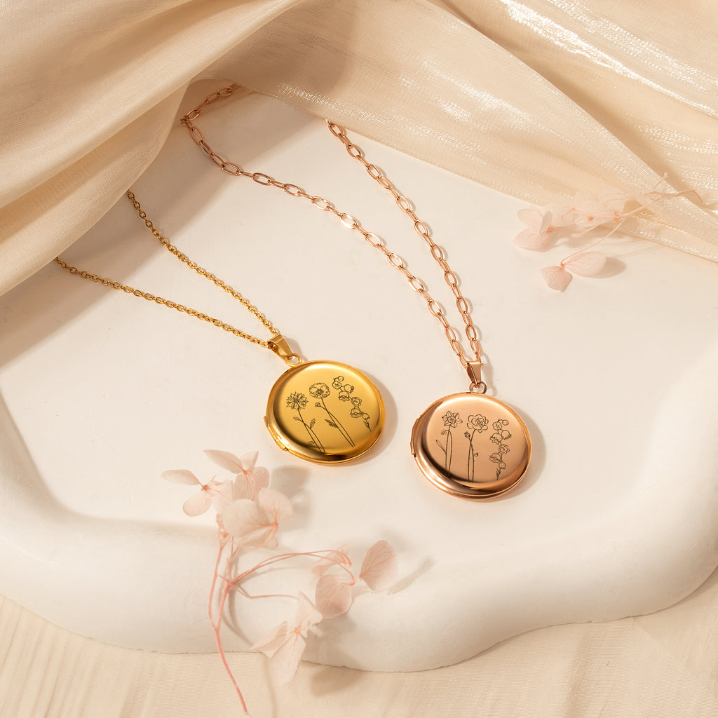 Round Birth Flower Garden Photo Locket Necklace