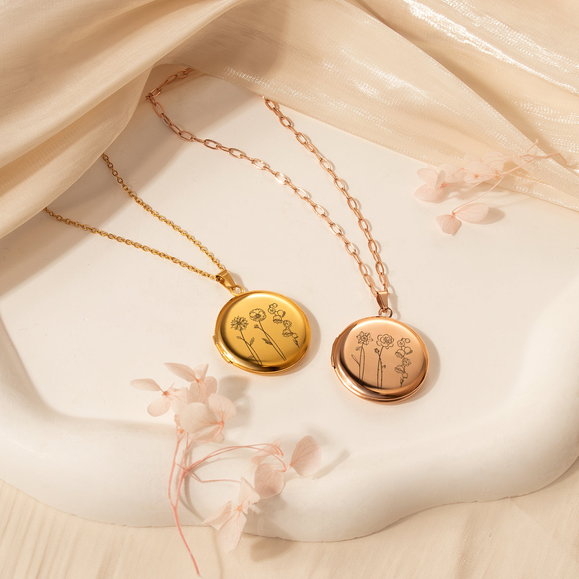 Round Birth Flower Garden Photo Locket Necklace