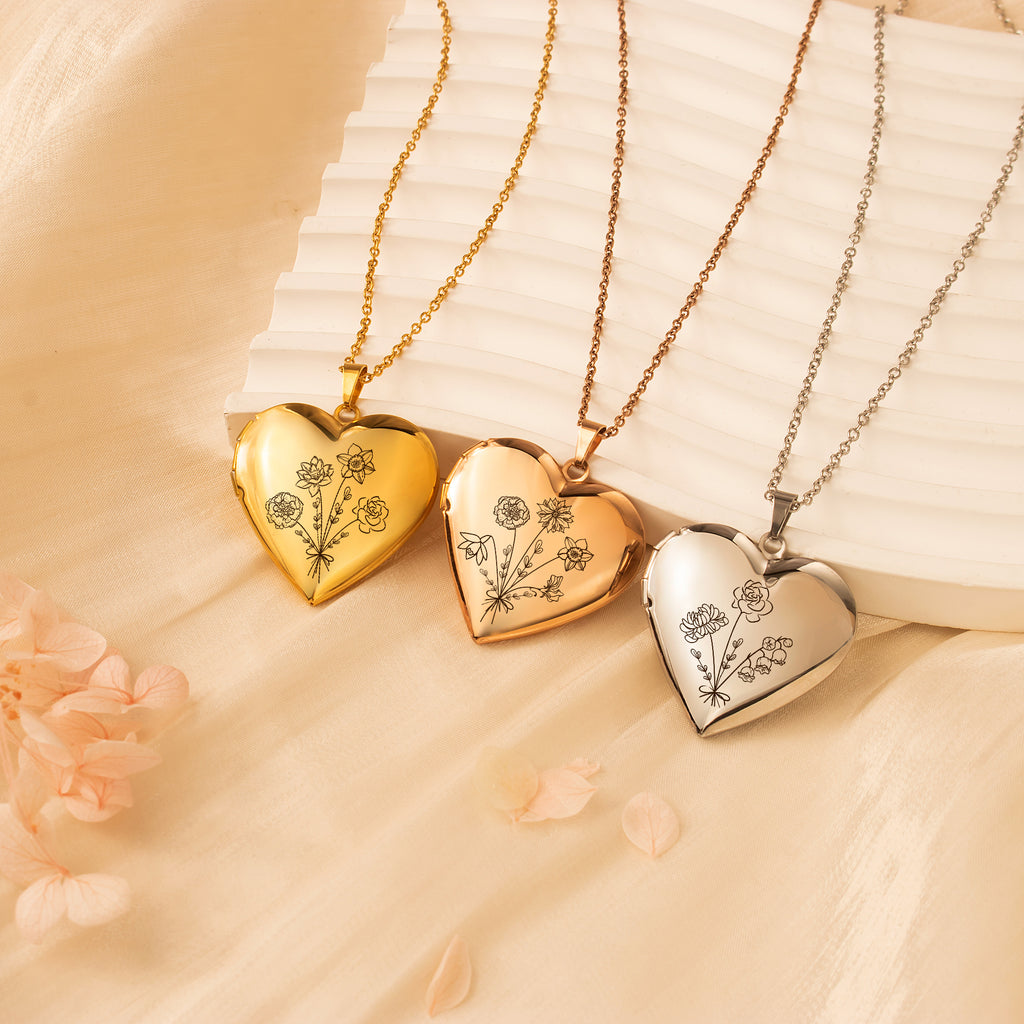 Flower Bouquet Heart Photo Locket Necklace