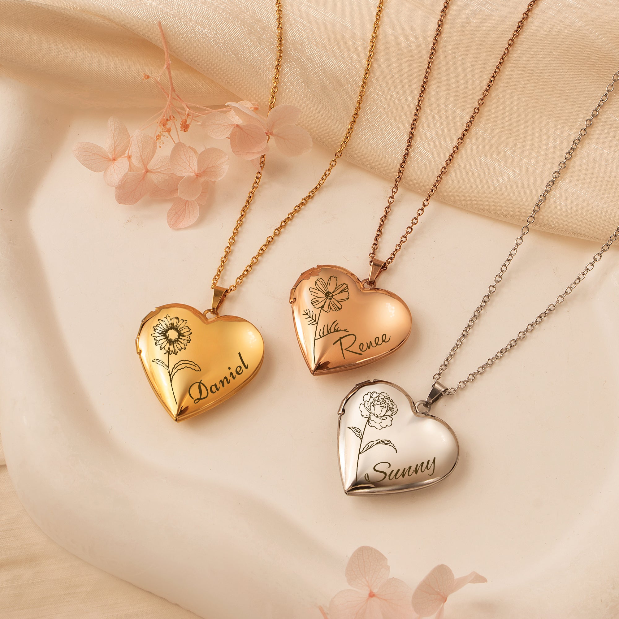 Personalized Birth Flower and Name Heart Photo Locket