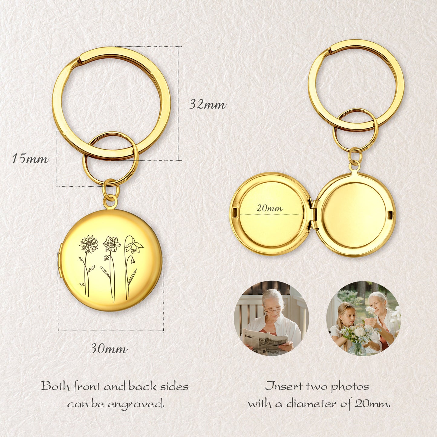 Custom Flower Garden Photo Locket Key Chain