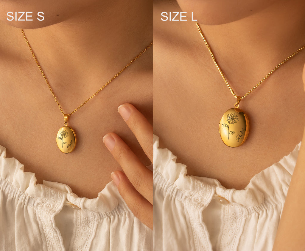 Oval Birth Flower and Name Photo Locket Necklace