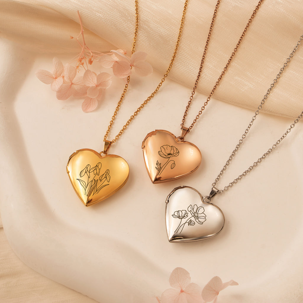 Birth Flower Heart Locket Necklace