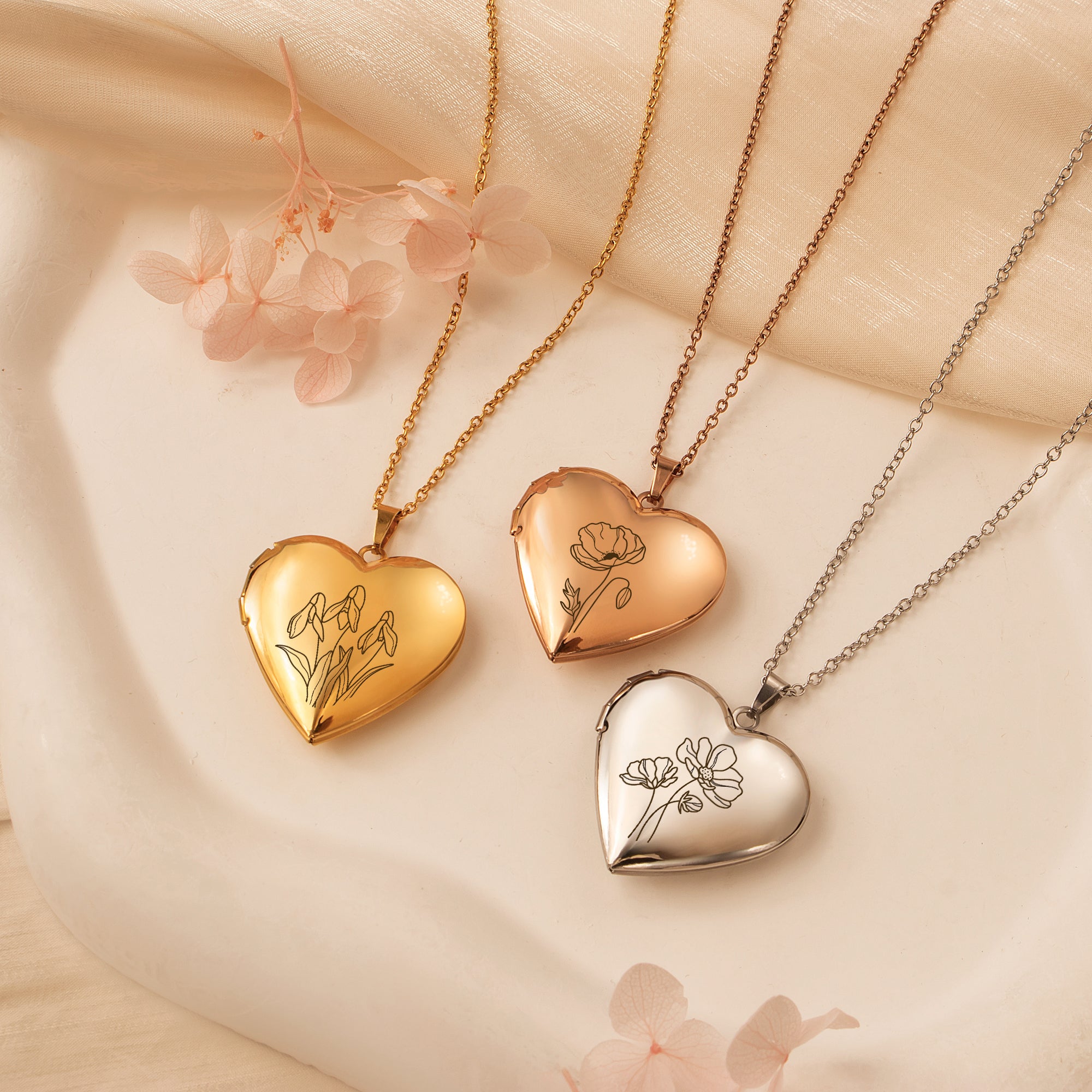 Birth Flower Heart Locket Necklace