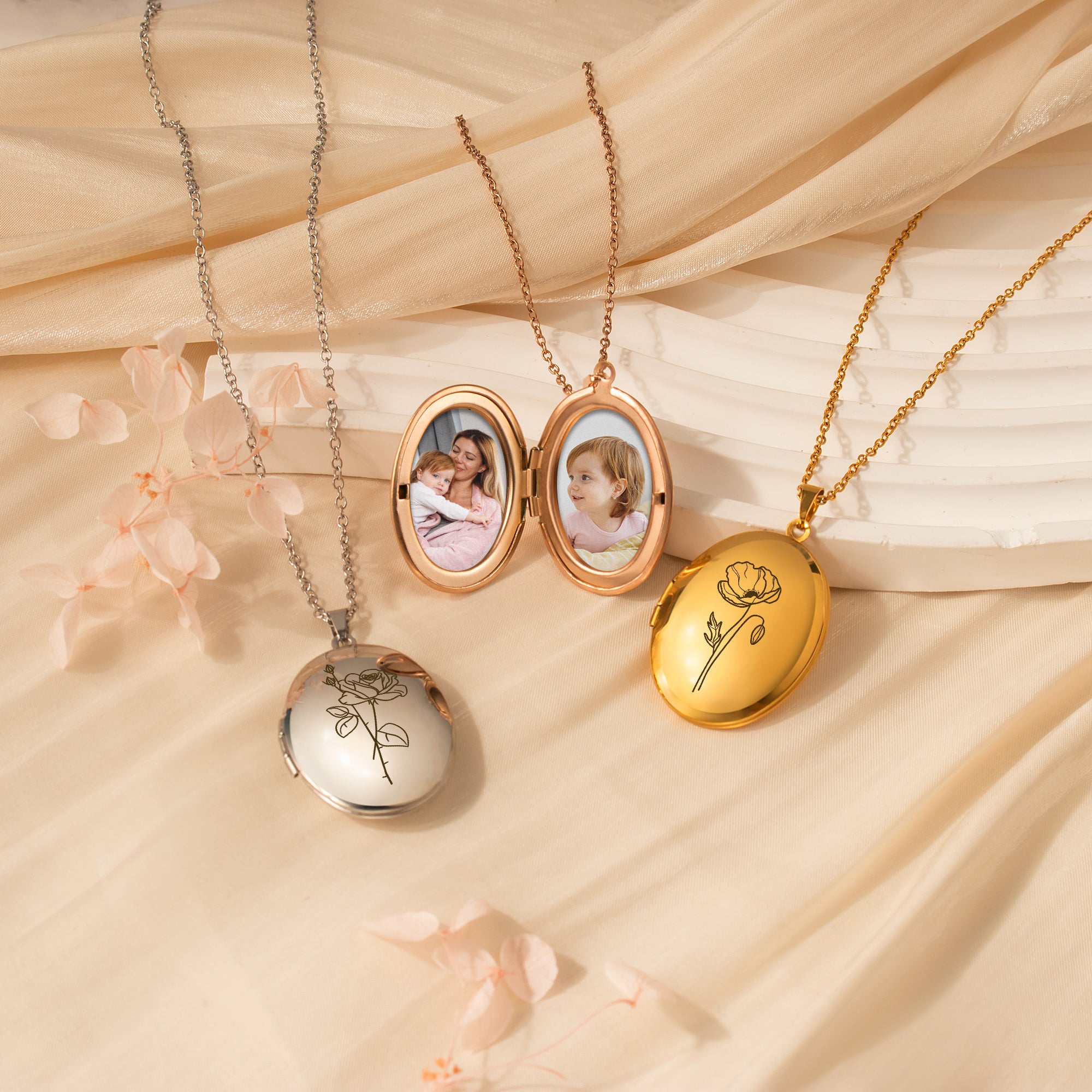 Oval Birth Flower Photo Locket Necklace