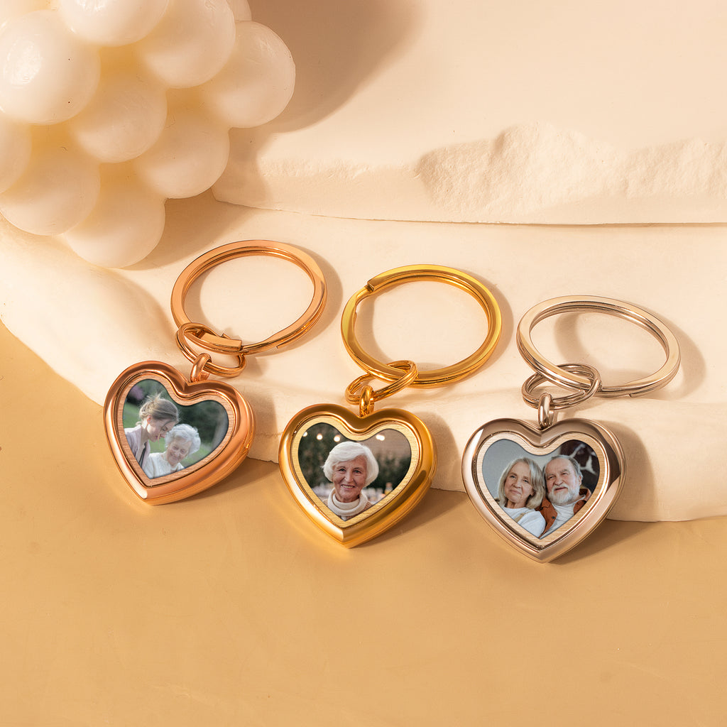 Glass Heart Photo Locket Memorial Keychain