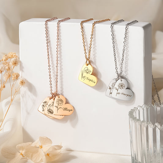 Personalized Mini Heart Text and Birth Flower Necklace