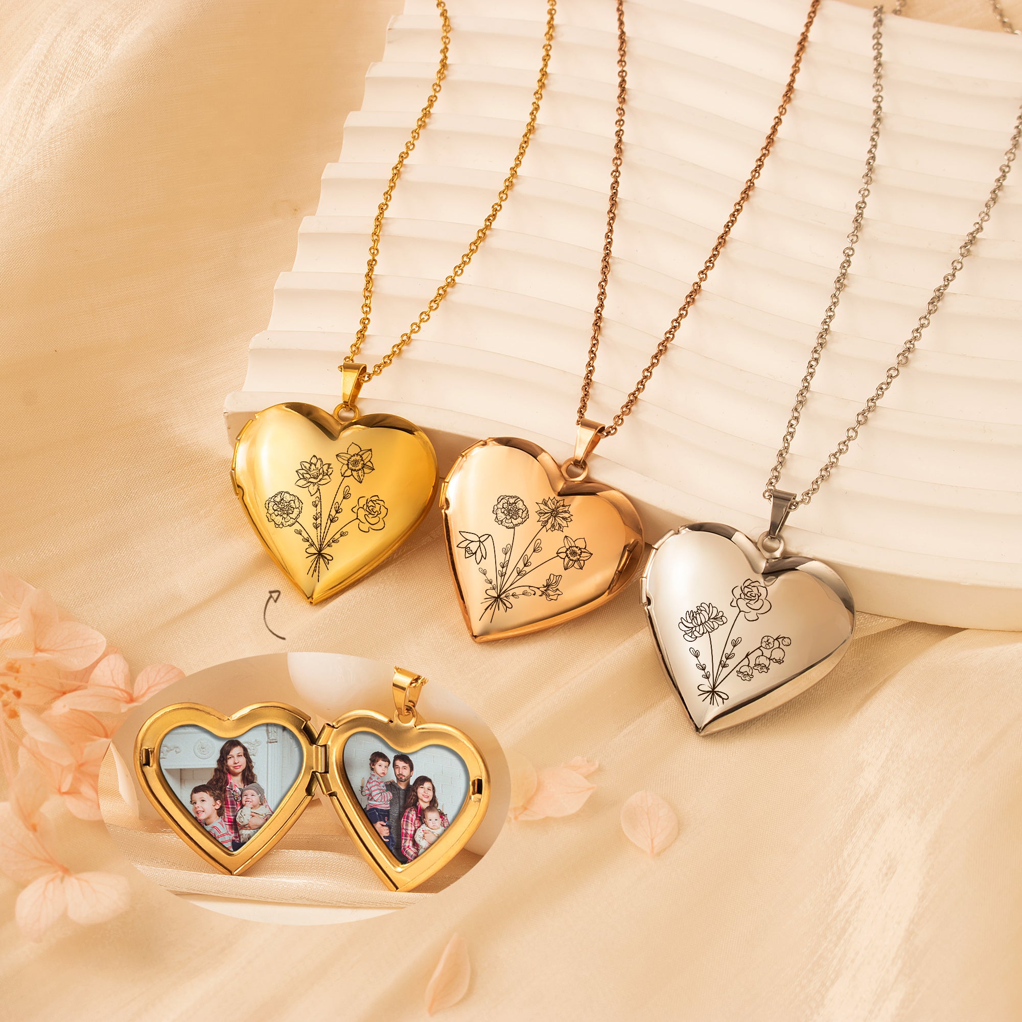 Flower Bouquet Heart Photo Locket Necklace