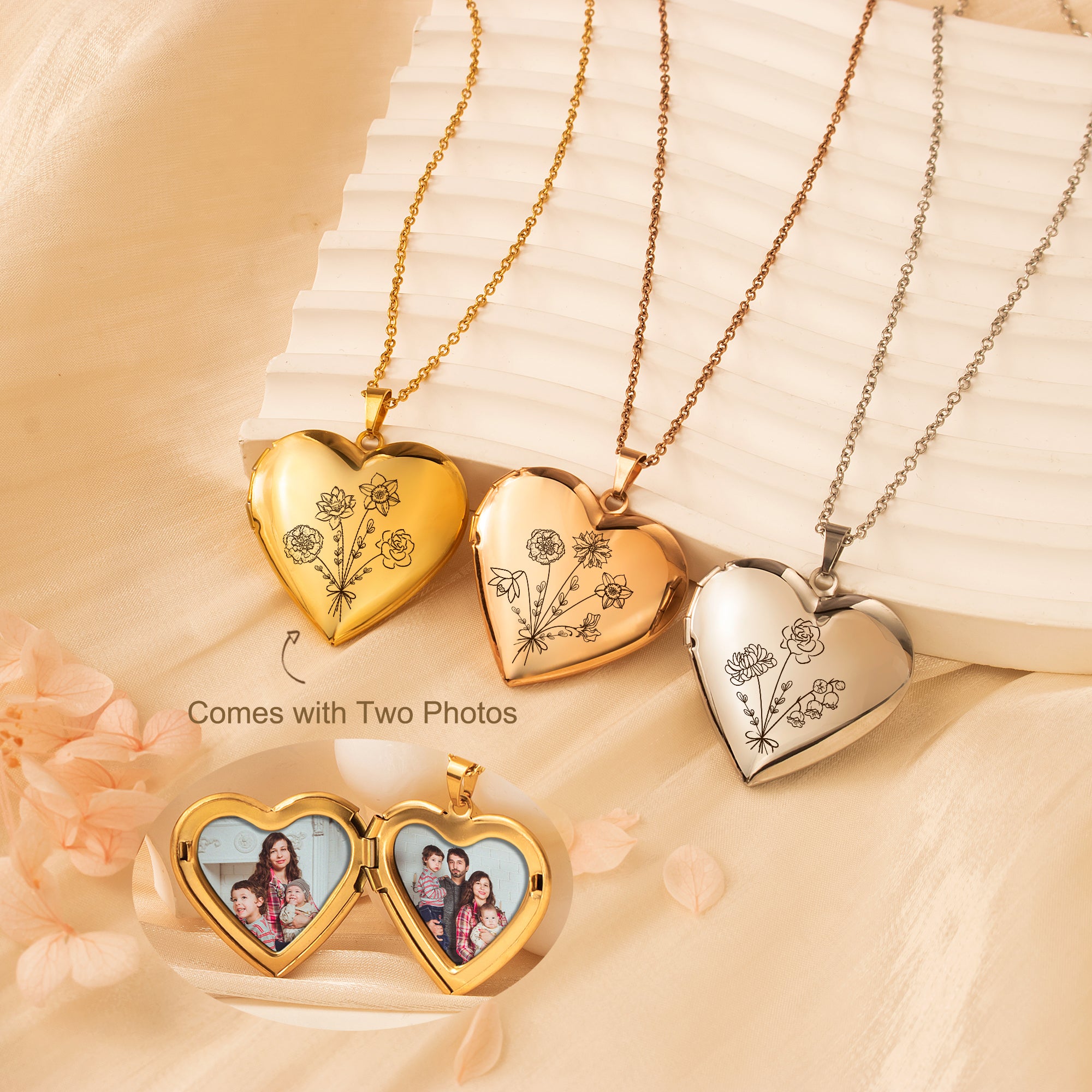 Flower Bouquet Heart Photo Locket Necklace