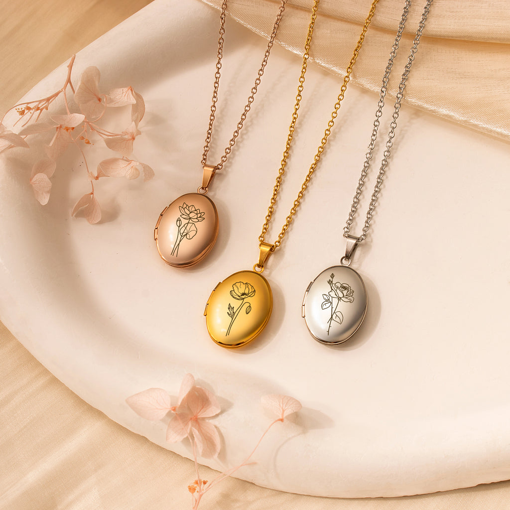 Oval Birth Flower Photo Locket Necklace