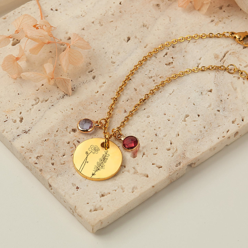 Custom Birth Flower Garden and Birthstone Charm Stainless Steel Bracelet