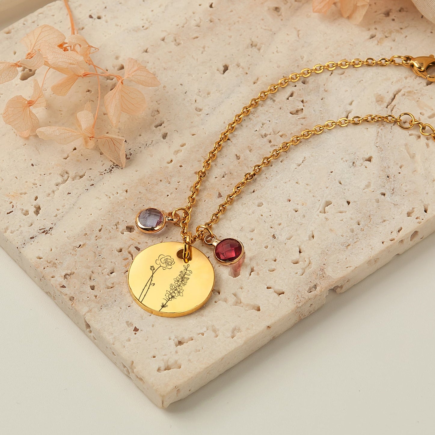 Custom Birth Flower Garden and Birthstone Charm Stainless Steel Bracelet