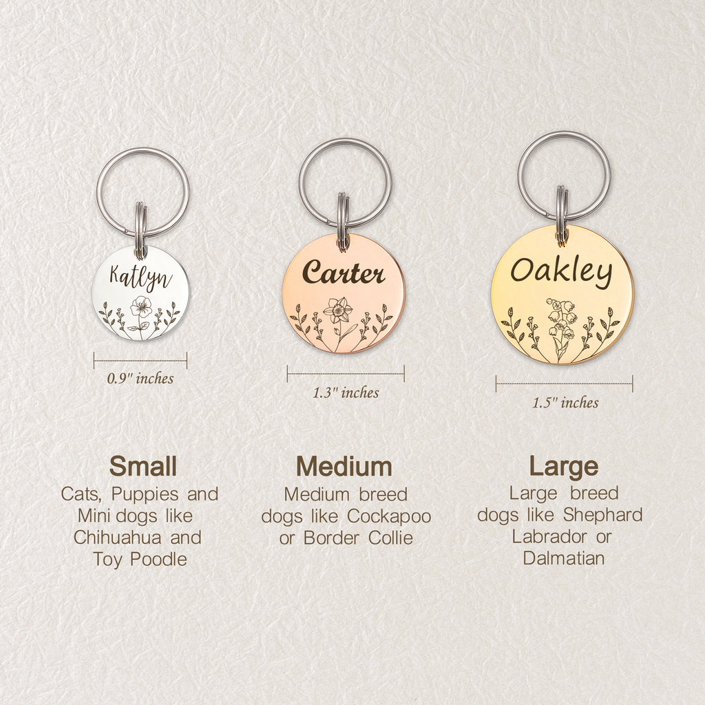 Round Birth Flower Pet ID Dog Tag
