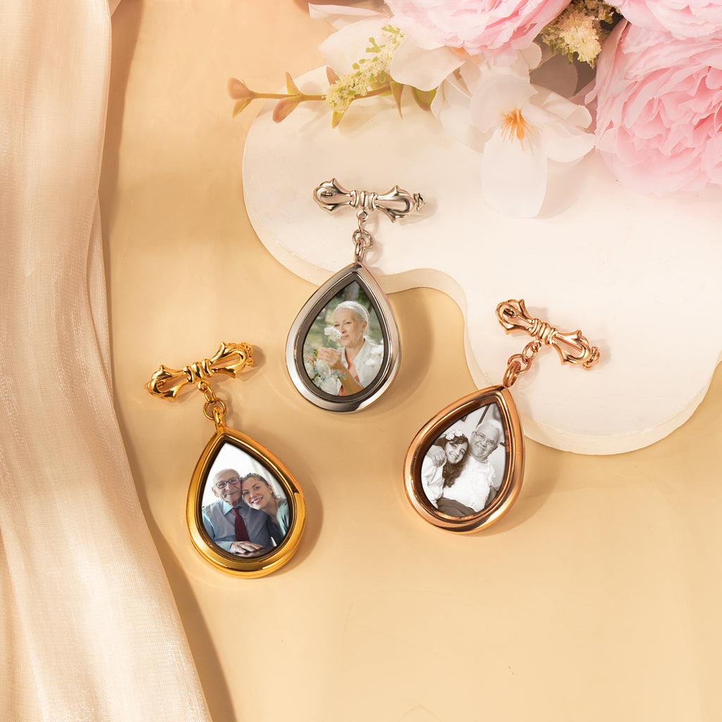 Glass Wedding Teardrop Photo Locket Lapel Pin