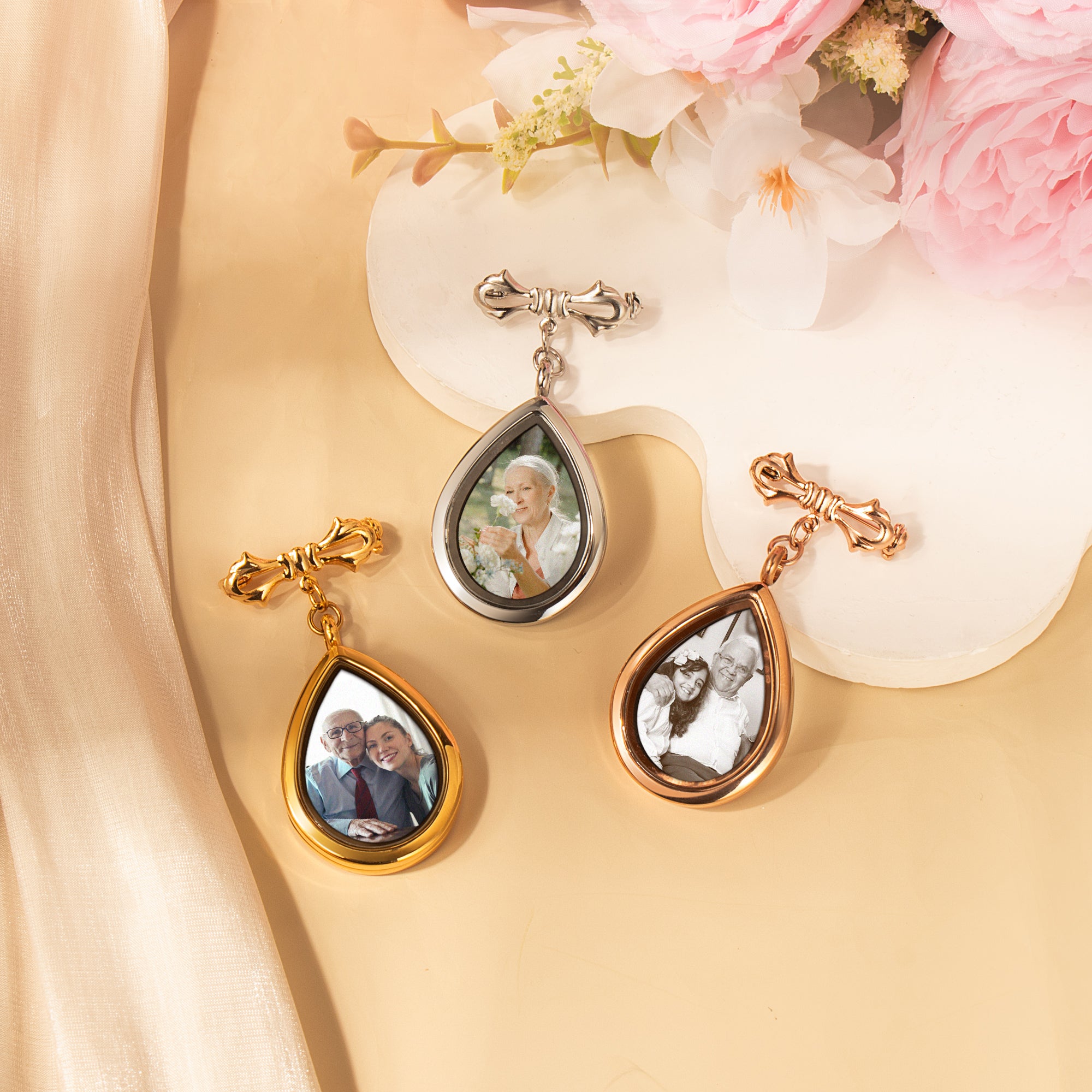 Glass Wedding Teardrop Photo Locket Lapel Pin