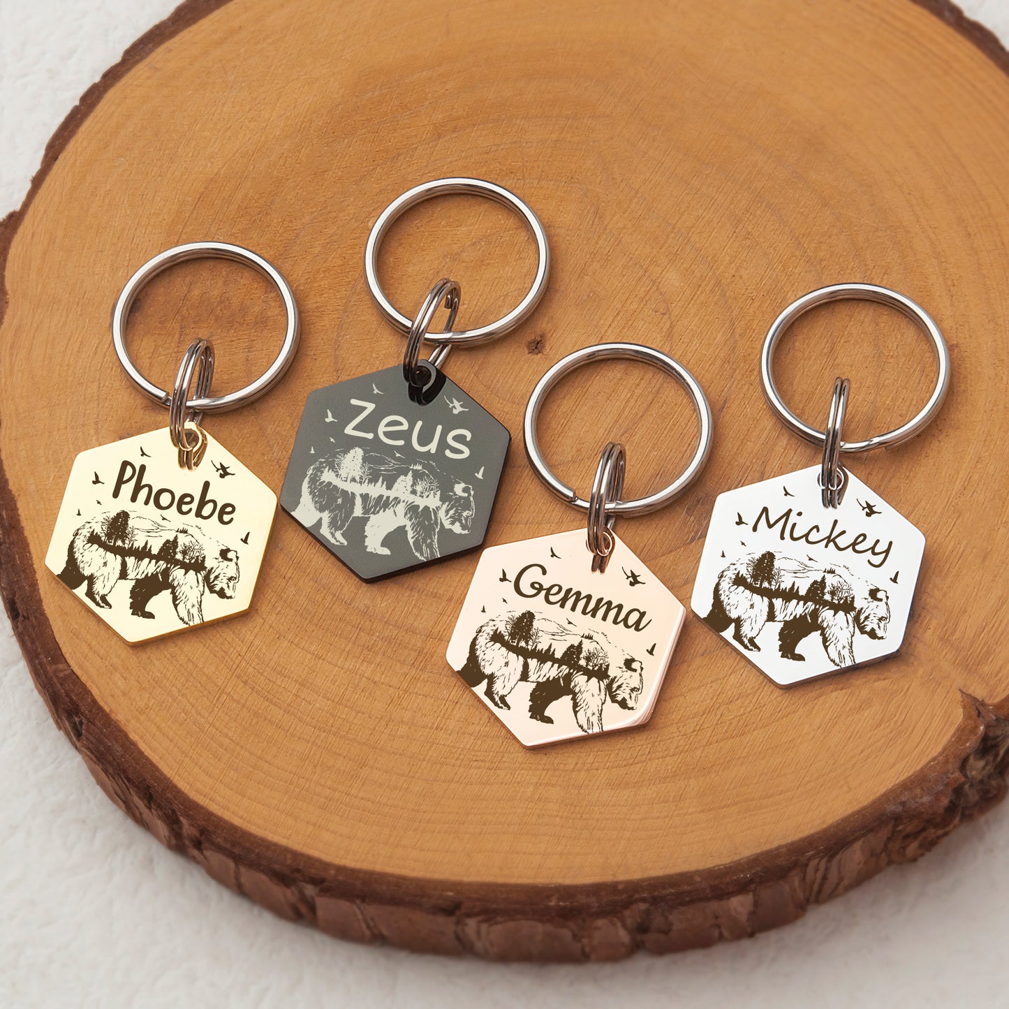 Personalized Bear Woods Hexagon Shaped Pet ID Dog Tag for Cat or Dog