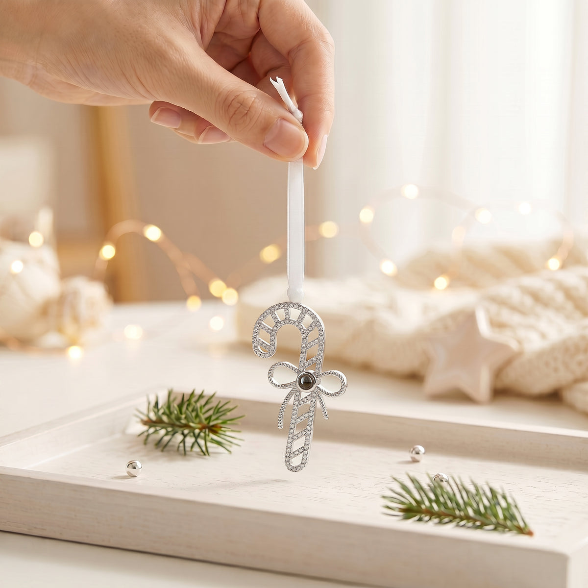 Custom Rhinestone Candy Cane Photo Projection Ornament