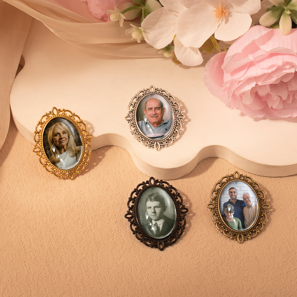 Vintage Oval Resin Wedding Photo Brooch Pin