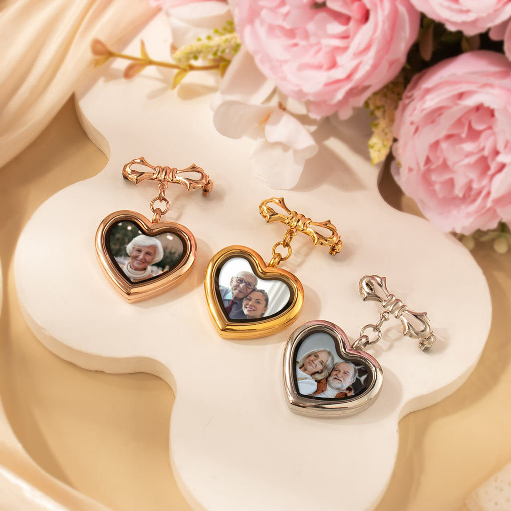 Glass Heart Wedding Photo Locket Brooch Pin