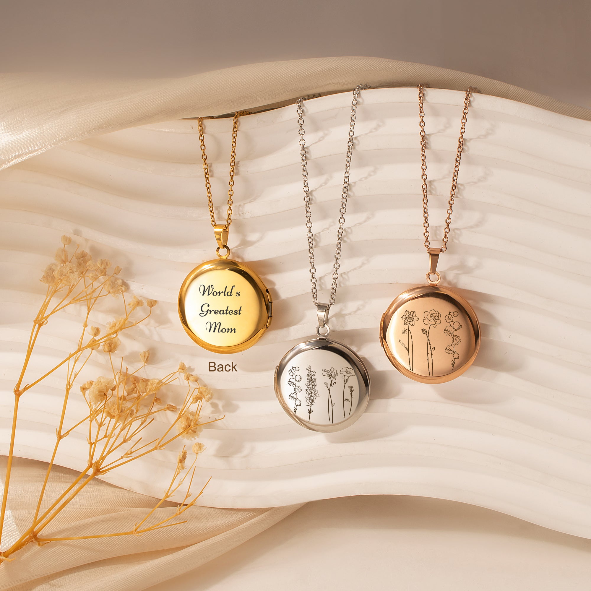 Round Birth Flower Garden Photo Locket Necklace