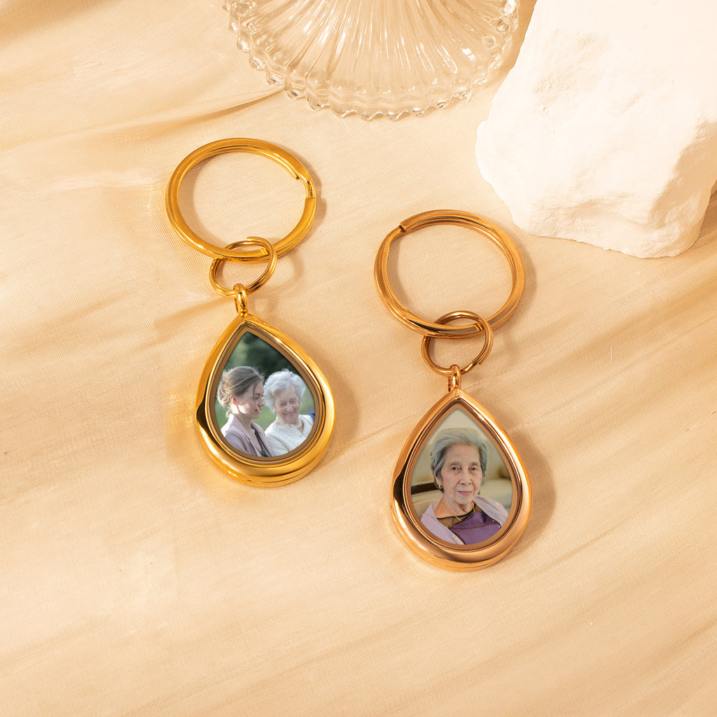 Glass Teardrop Photo Locket Memorial Keychain