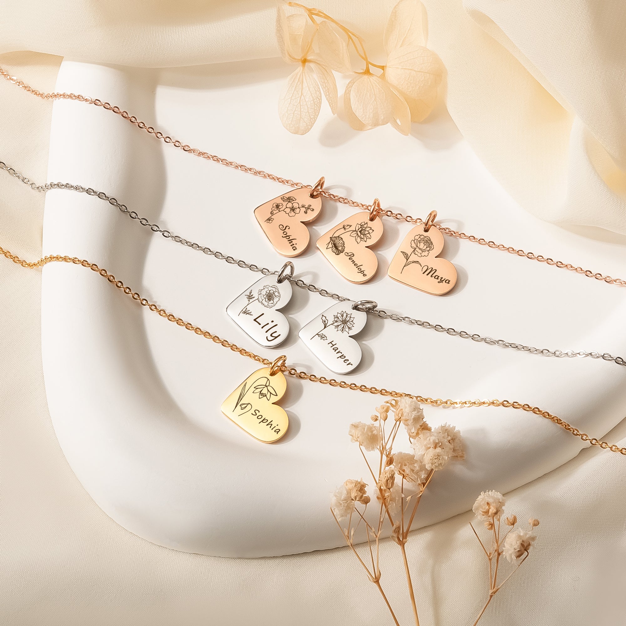 Personalized Mini Heart Text and Birth Flower Necklace