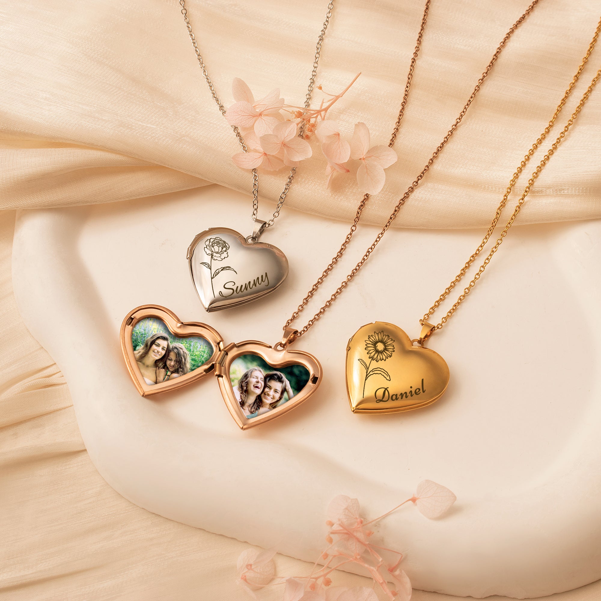 Personalized Birth Flower and Name Heart Photo Locket