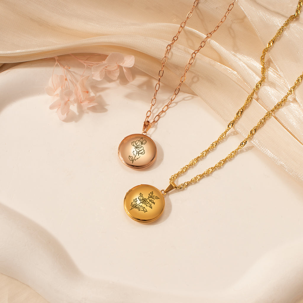 Round Birth Flower Photo Locket Necklace