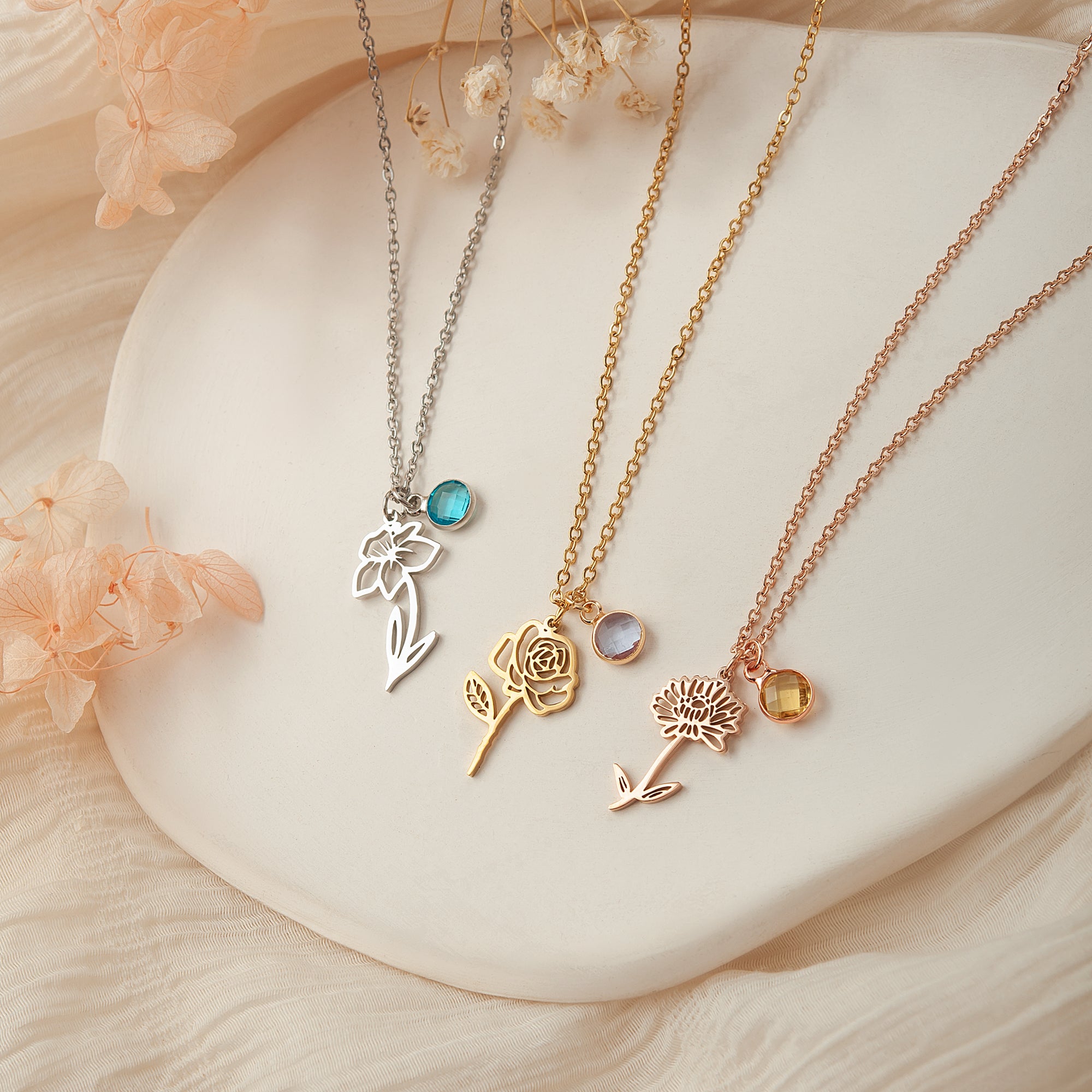 Stainless Steel Birth Flower and Birthstone Charm Necklace