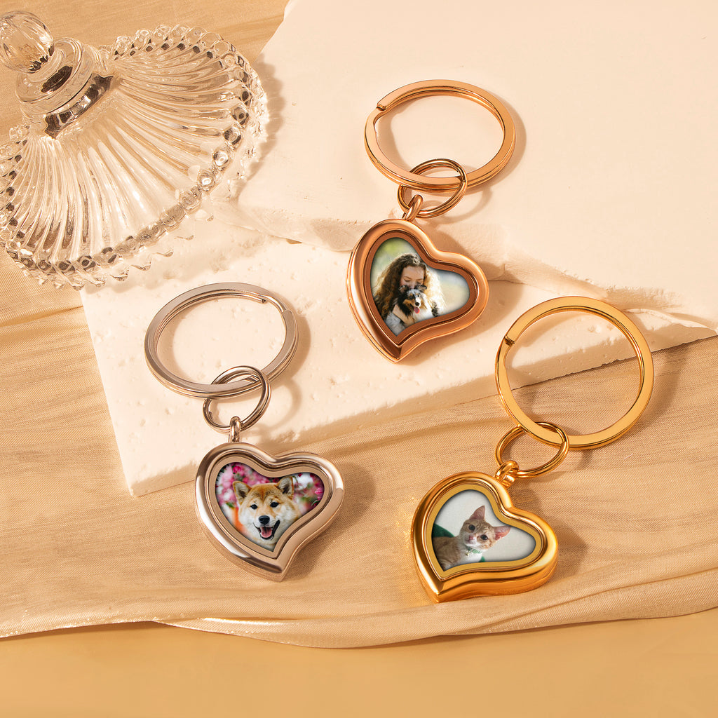 Sideways Heart Photo Locket Pet Memorial Keychain