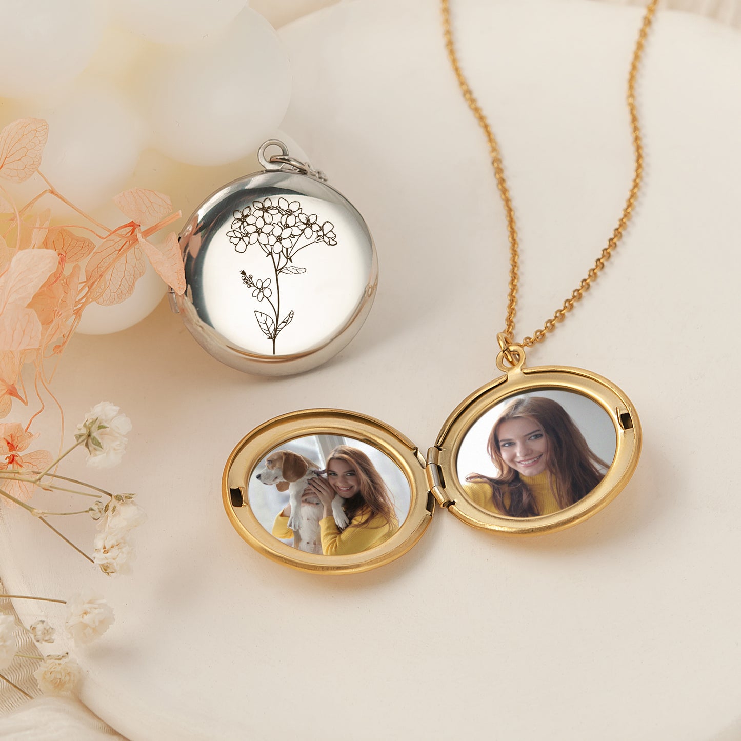 Custom Birth Flower Photo Locket Necklace