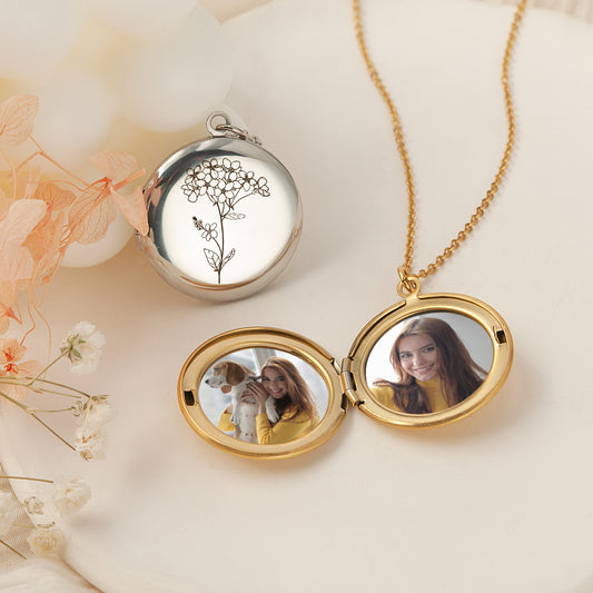 Custom Birth Flower Photo Locket Necklace