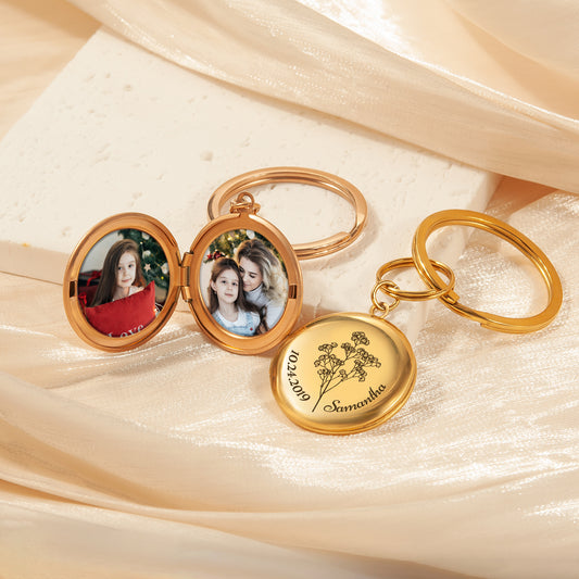 Custom Flower, Name, and Date Photo Locket Key Chain