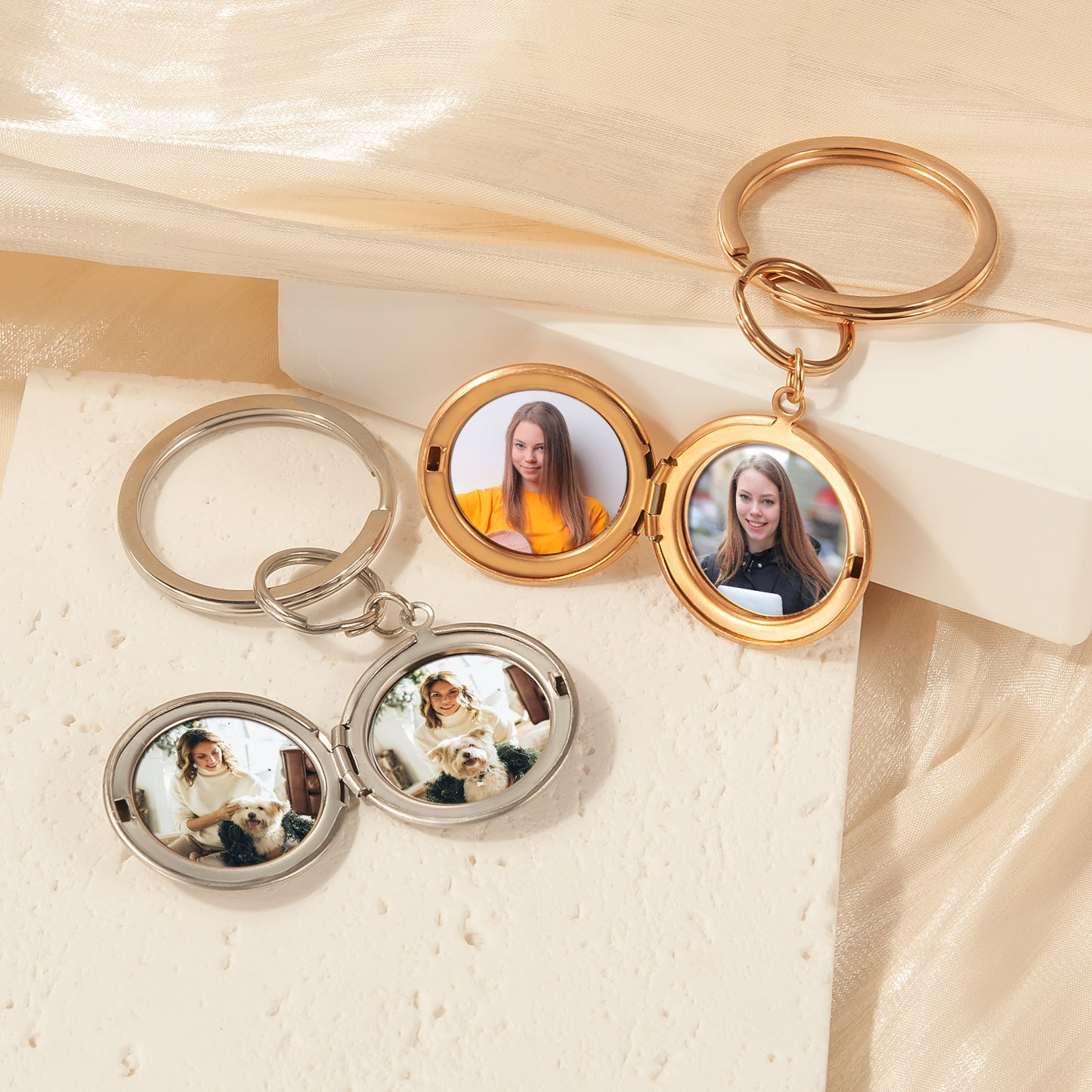 Custom Flower and Name Photo Locket Key Chain