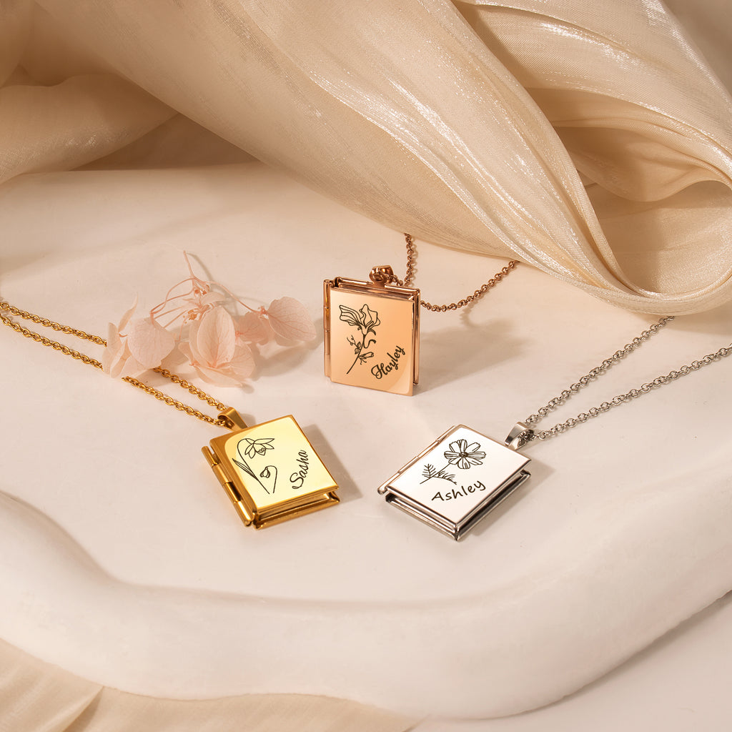 Square Birth Flower and Name Photo Locket Necklace
