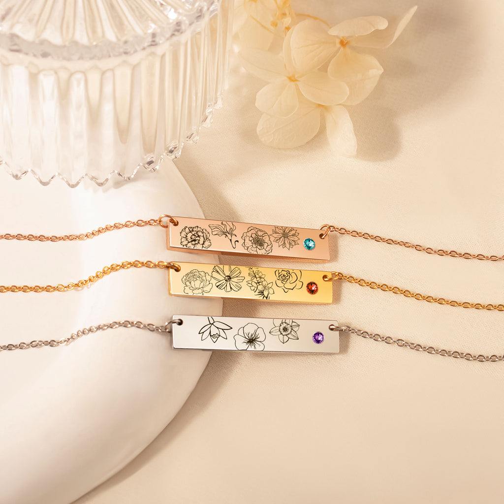 1-4 Birth Flower Birthstone Bar Necklace