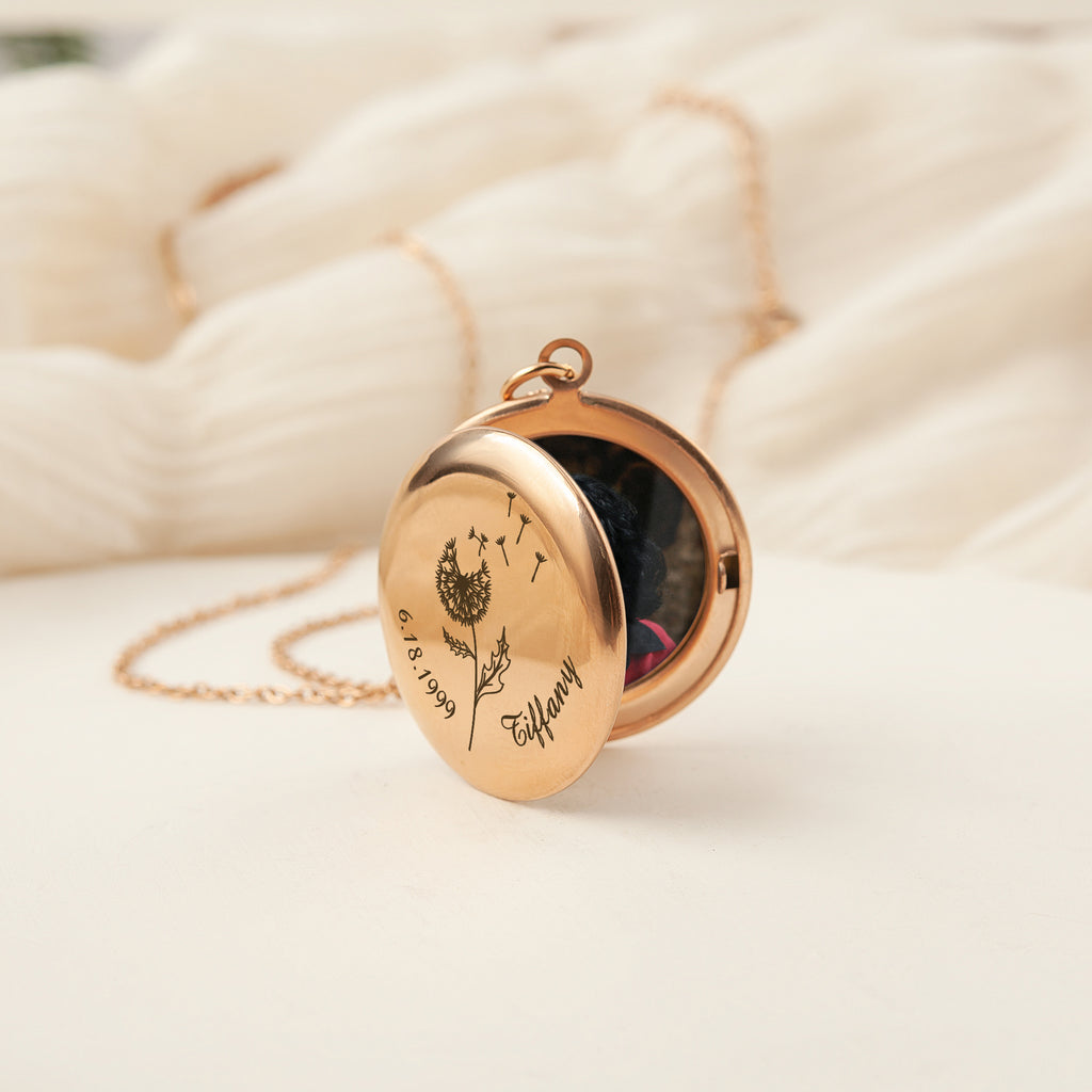 Custom Birth Flower Name and Date Photo Locket Necklace