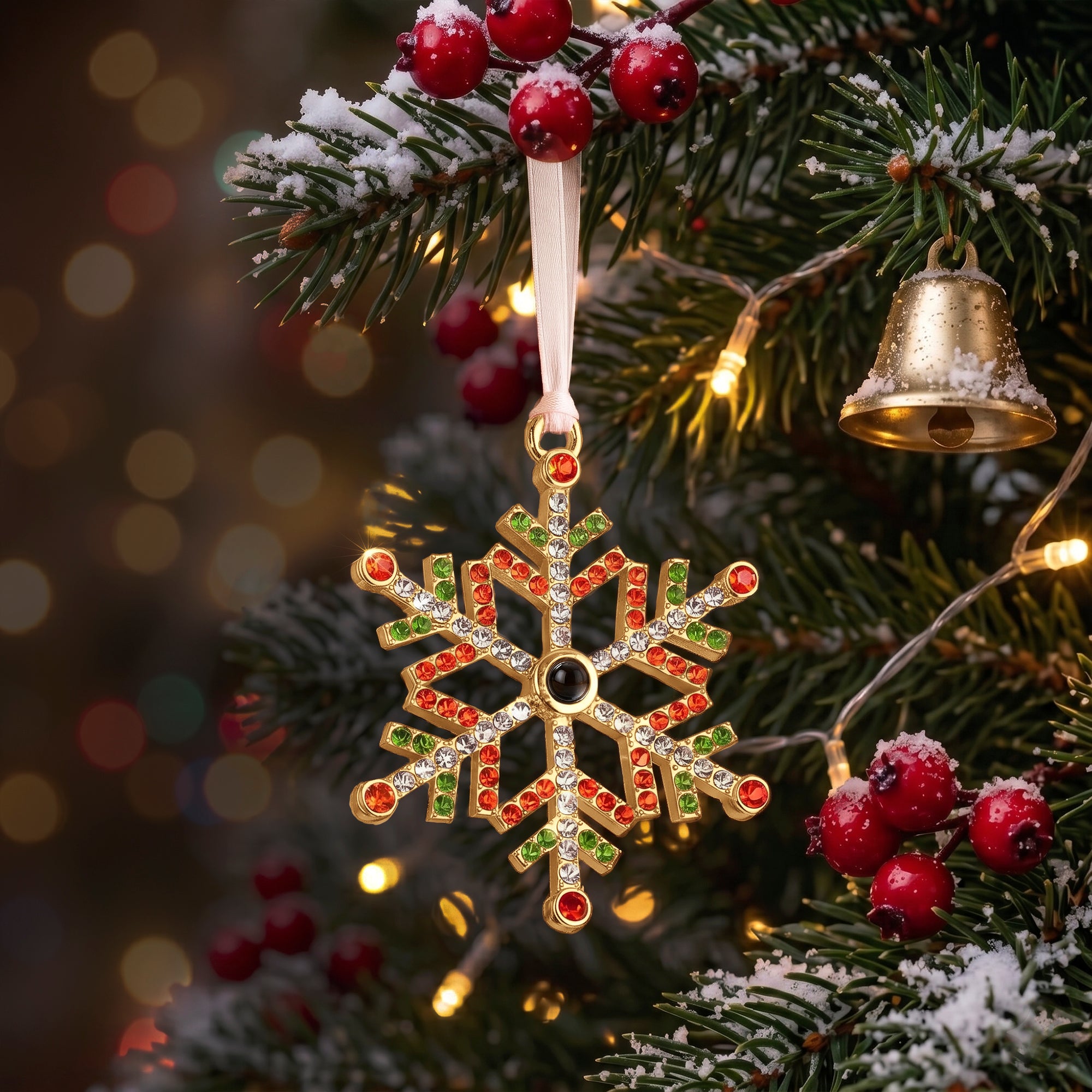 Colorful Rhinestone Snowflake Photo Projection Christmas Ornament