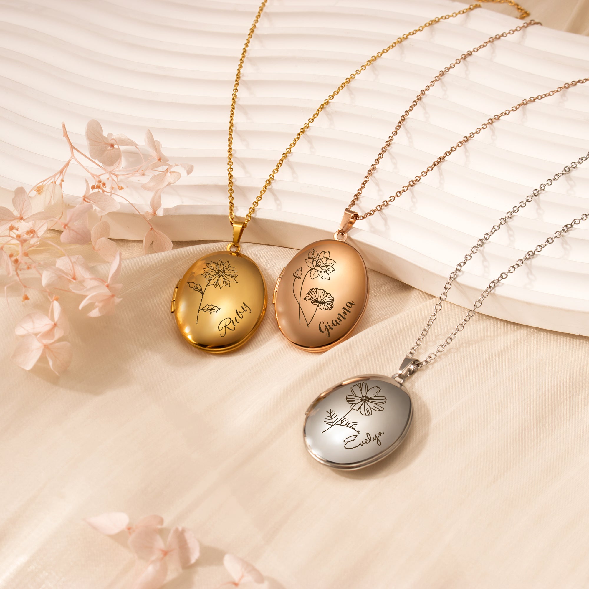 Oval Birth Flower and Name Photo Locket Necklace