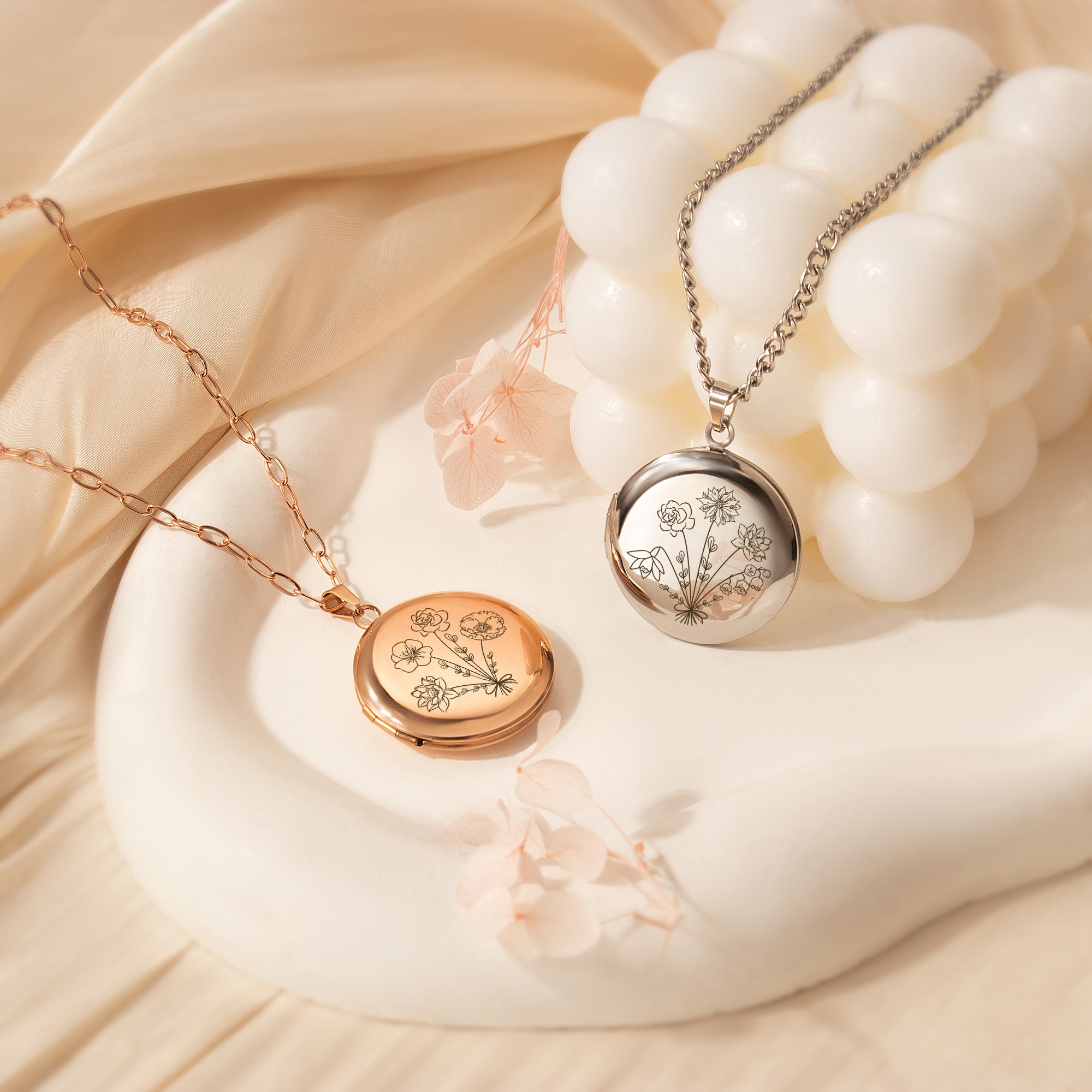 Round Birth Flower Bouquet Photo Locket Necklace