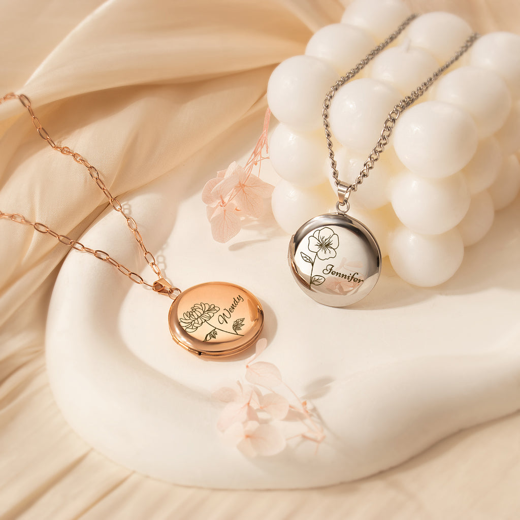 Round Birth Flower and Name Photo Locket Necklace