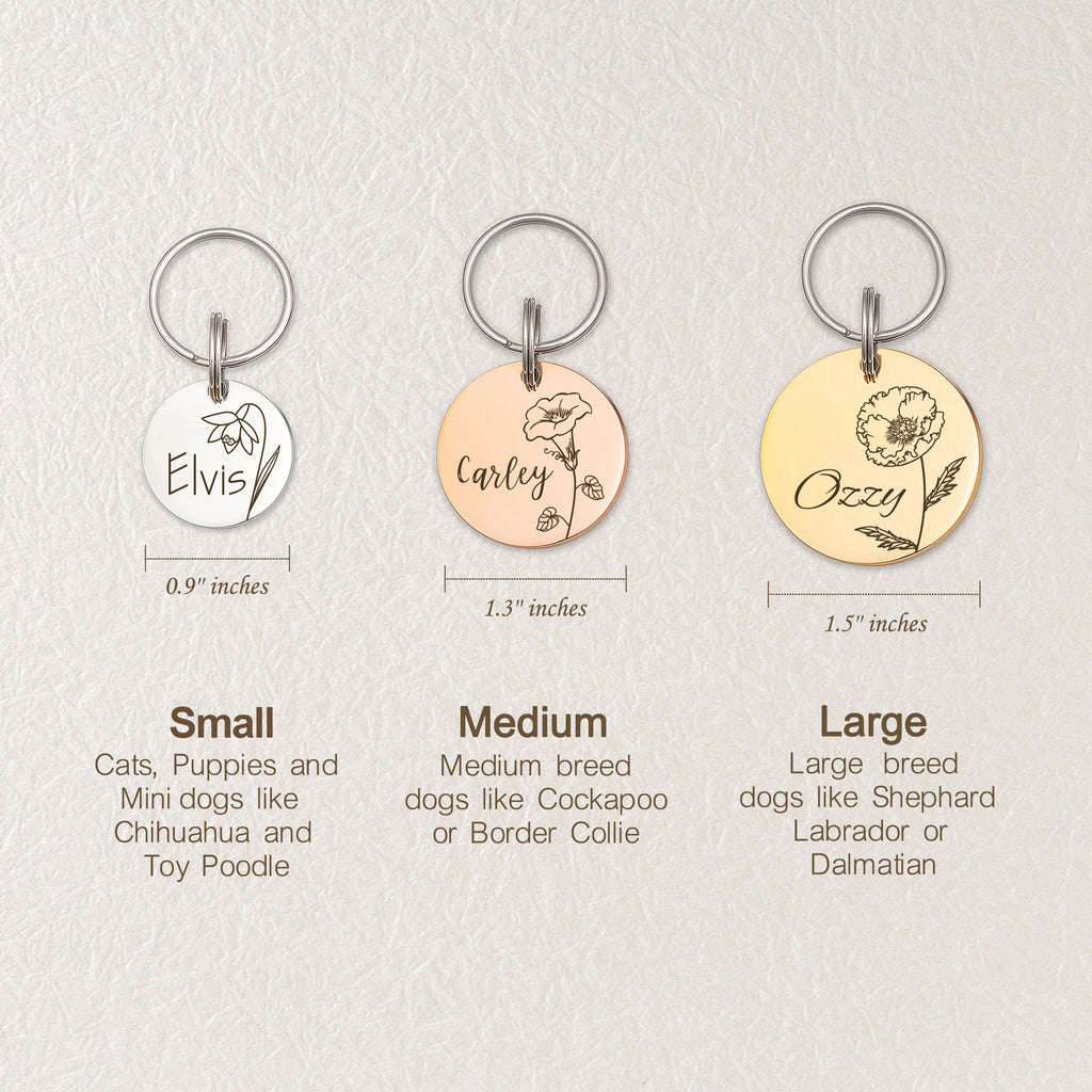 Round Birth Flower Pet ID Dog Tag