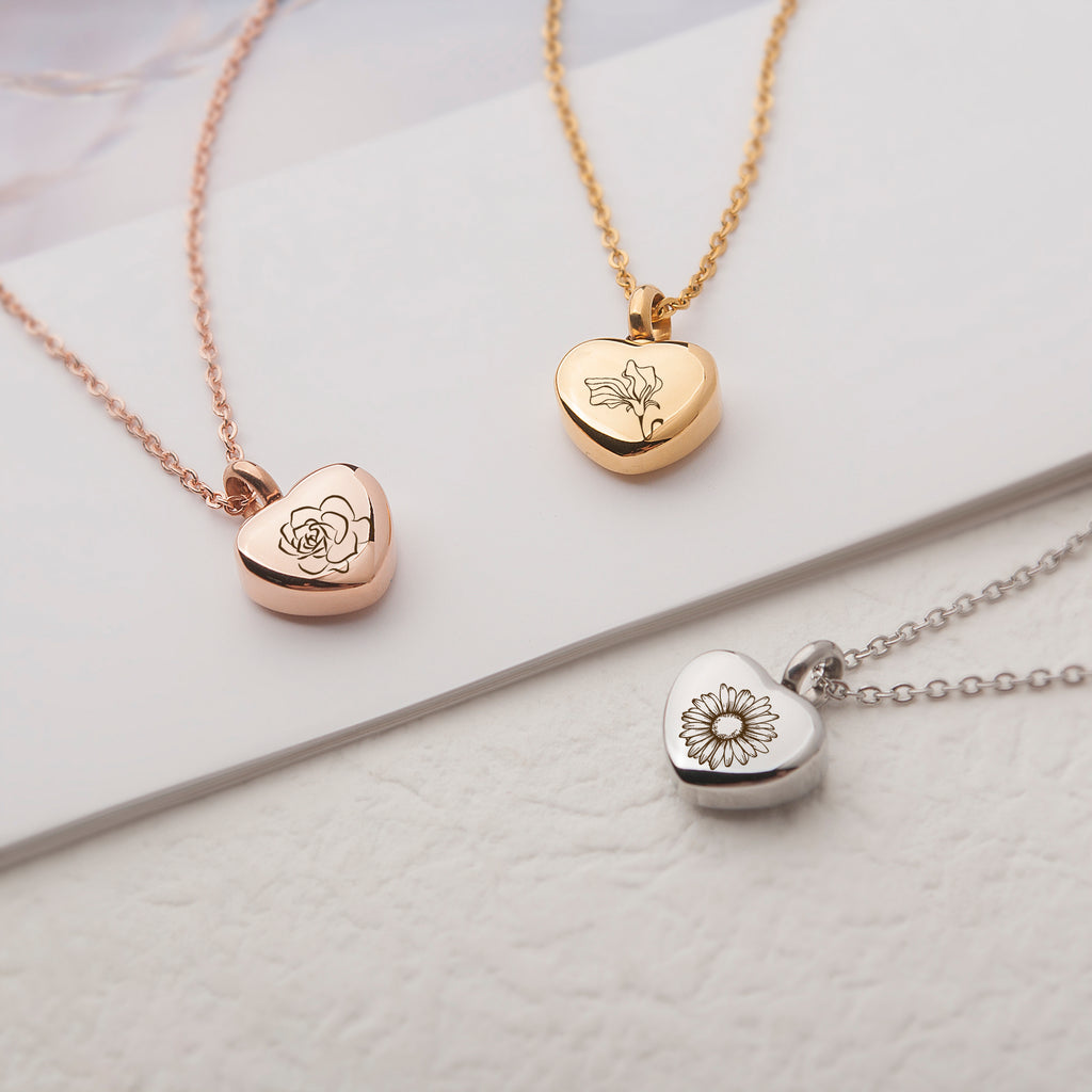 Birth Flower Mini Heart Memorial Necklace