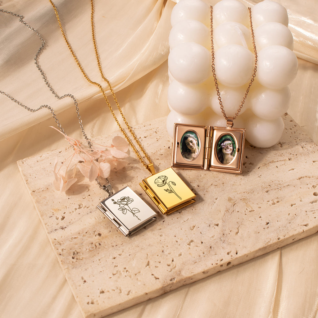 Square Birth Flower Photo Locket Necklace