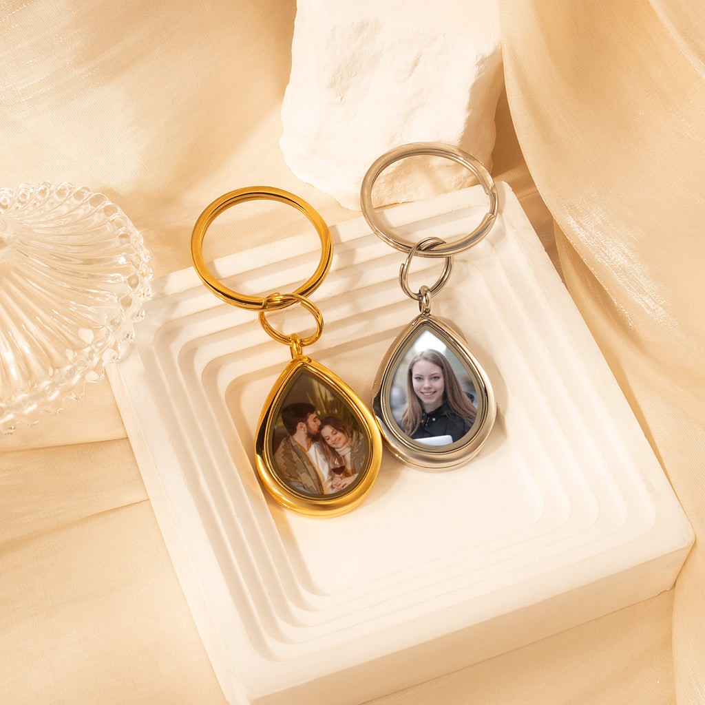 Glass Teardrop Photo Locket Keychain