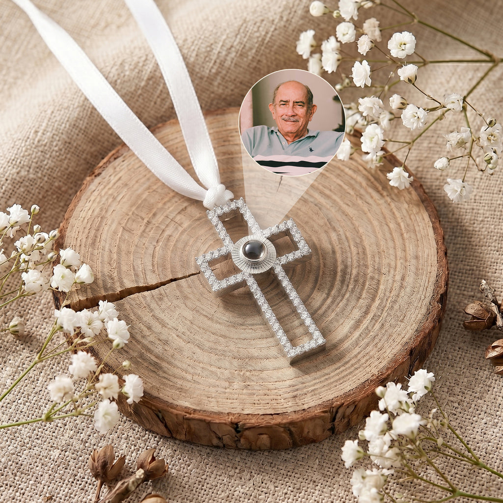 Custom Rhinestone Cross Photo Projection Memorial Ornament