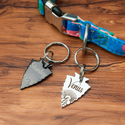 Personalized Arrowhead Shaped Mountain Sunshine Themed Pet ID Dog Tag