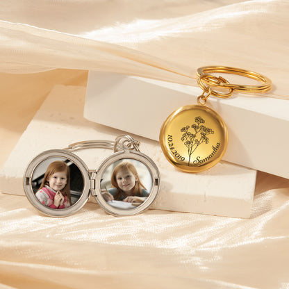 Custom Flower, Name, and Date Photo Locket Key Chain